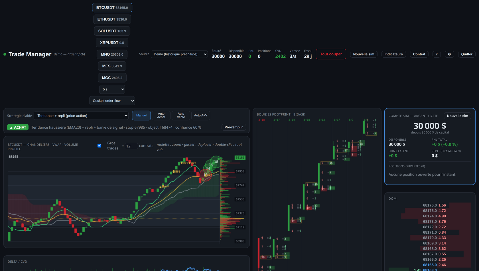 Cockpit order-flow du Trade Manager (chandeliers, footprint, DOM, heatmap)